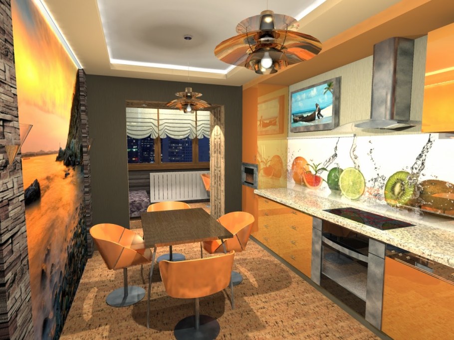 Оранжевые обои на кухне в интерьере