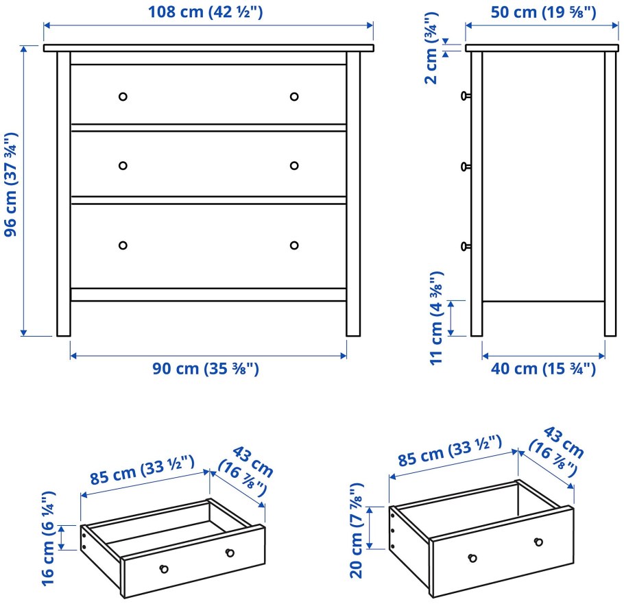 Hemnes ХЕМНЭС комод с 3 ящиками, белая морилка108x96 см