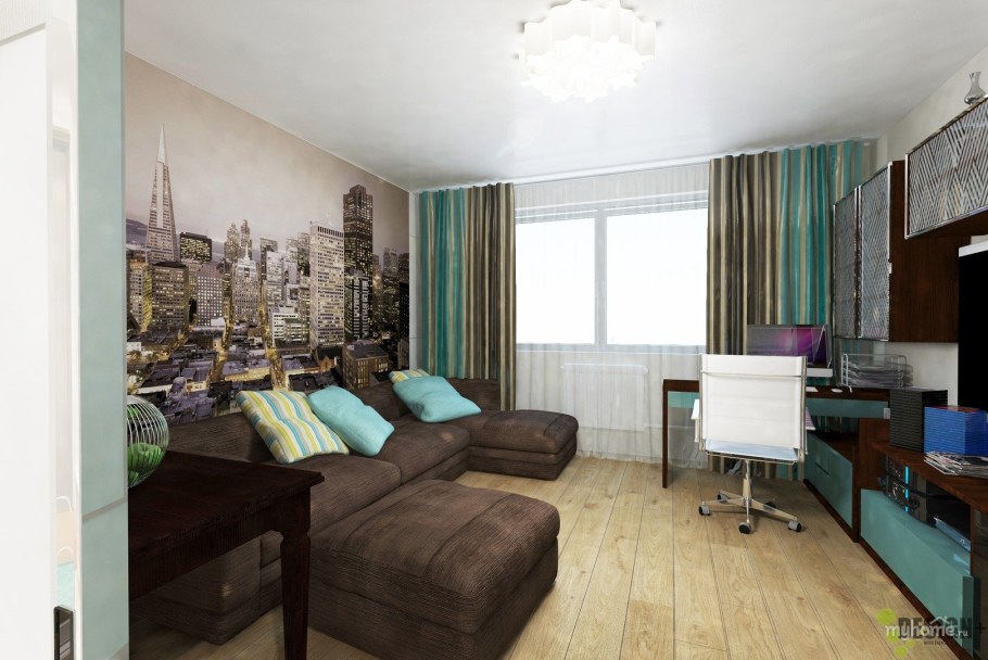 Коричневый диван и бирюзовые шторы