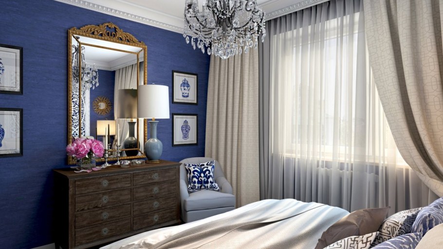 Пудровая комната с синими шторами
