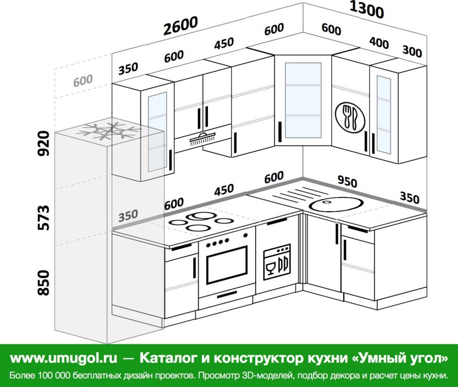 Планировка кухни 2400 на 2400 с холодильником
