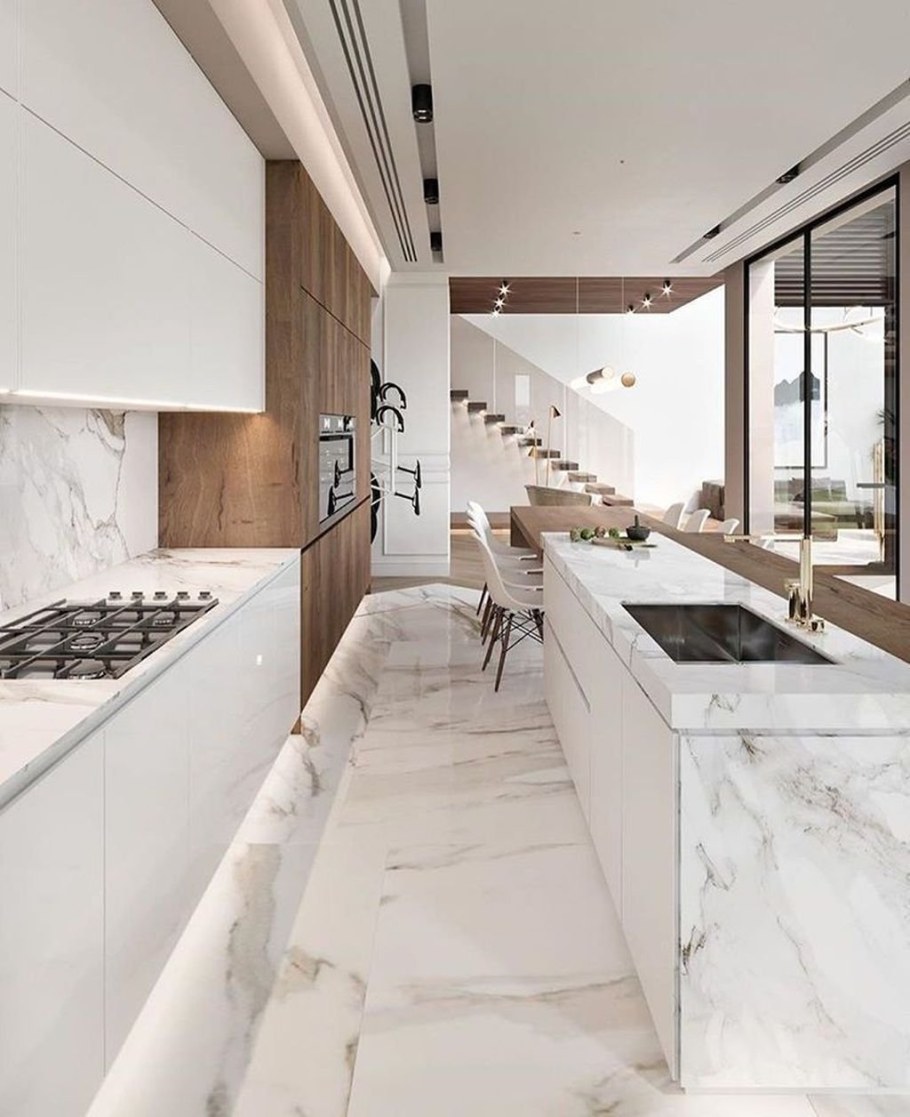 Мрамор в интерьере кухни