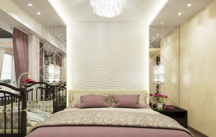 Зеркальные колонны в спальне