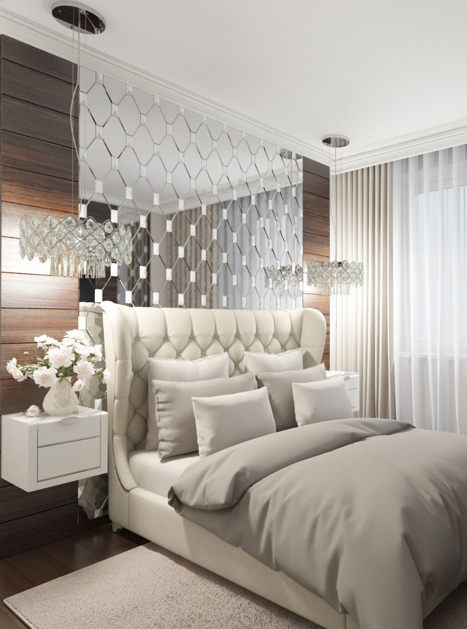 Зеркальная плитка в интерьере спальни