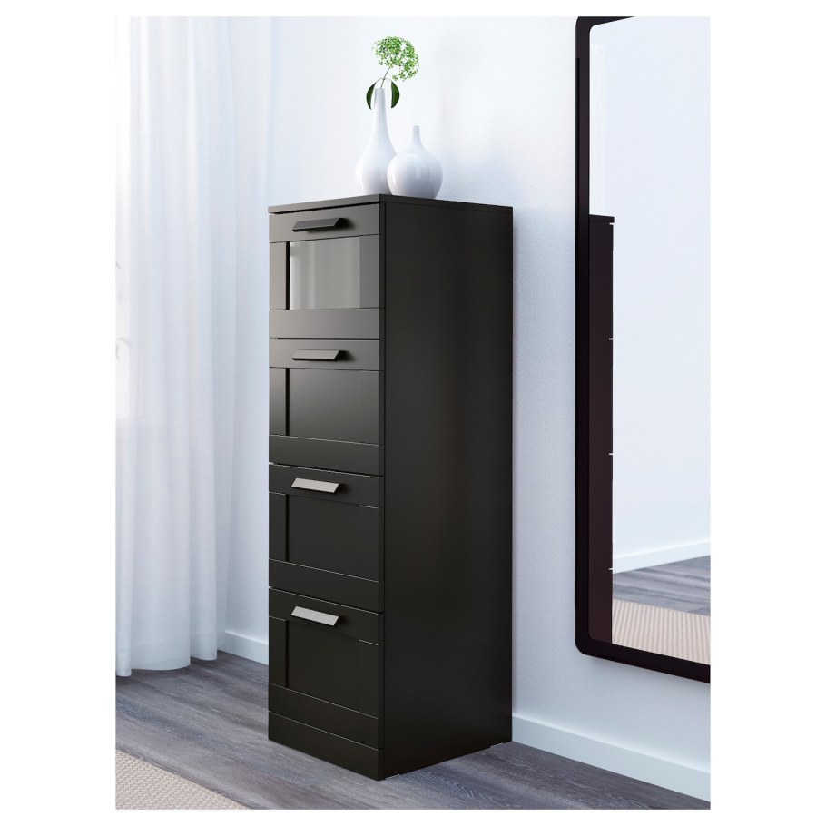 БРИМНЭС комод с 4 ящиками, черный, матовое стекло, 39x124 см