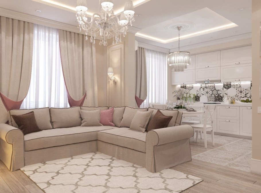 Кухня гостиная в светлых тонах