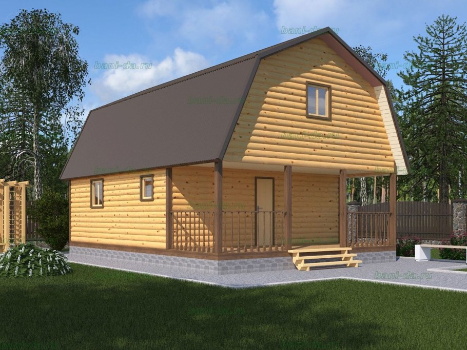 Баня 6х8 с мансардой и террасой