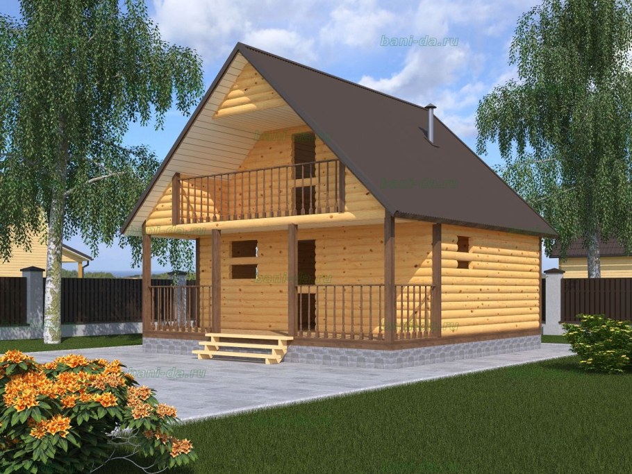 Баня с мансардой и террасой 8на9