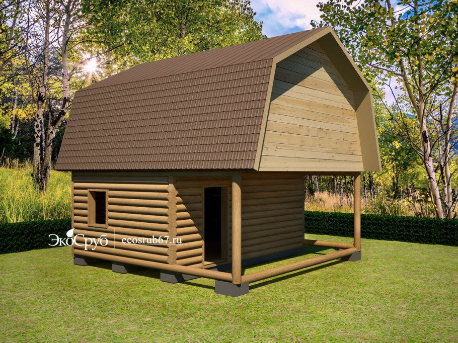 Баня 6 на 6 с мансардой и верандой