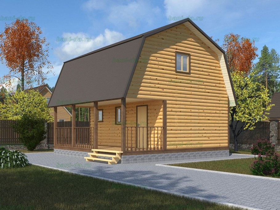 Баня дом 6х6 с мансардой и верандой из бруса