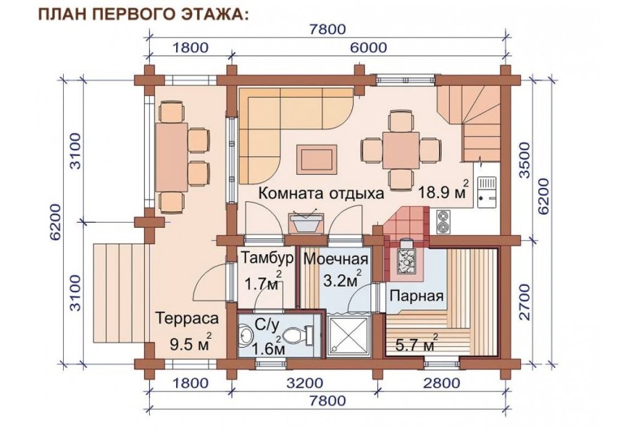 Баня 8х6 из бревна планировка
