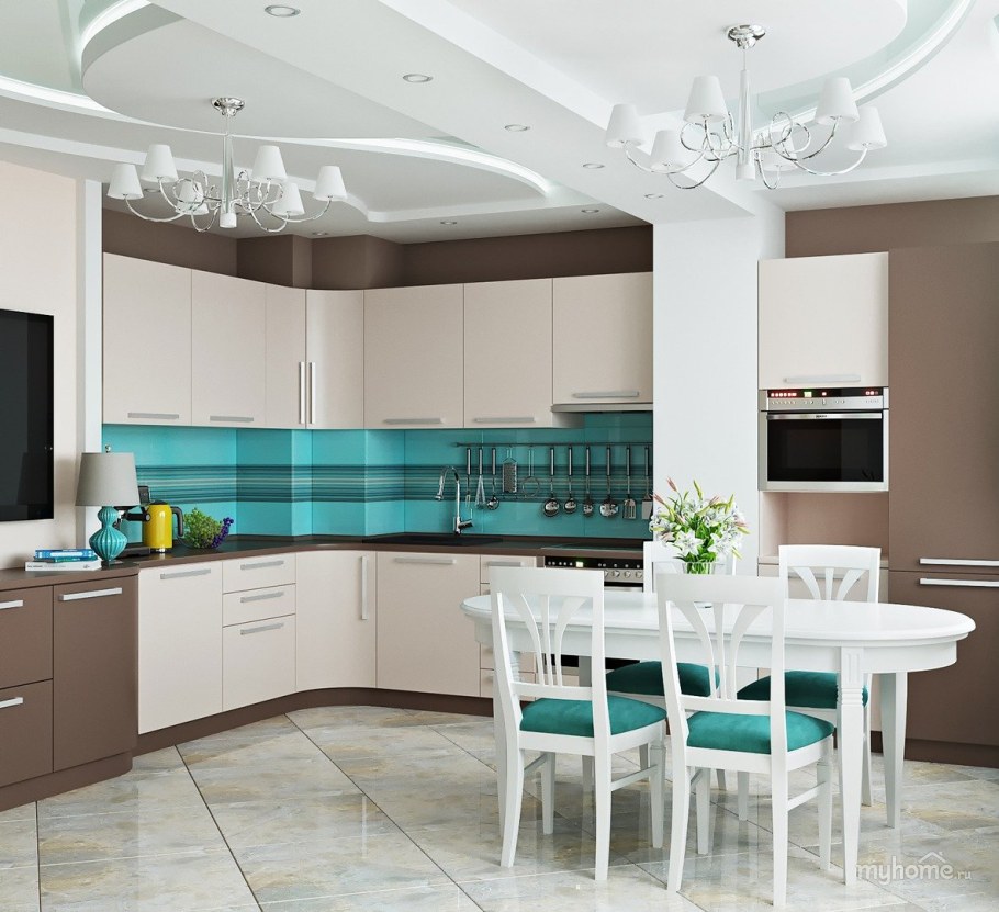 Кухня в бежево бирюзовых тонах