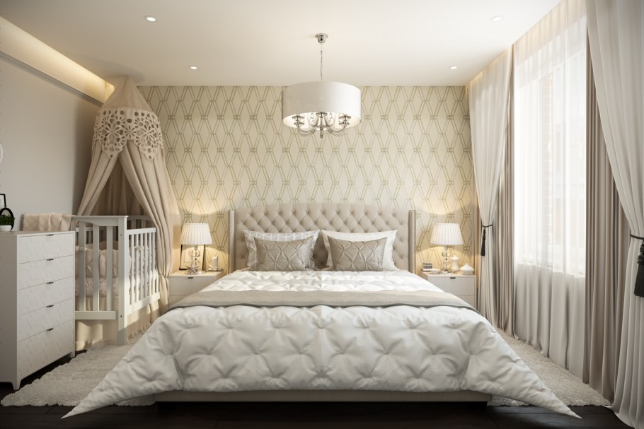 Спальня в современном стиле с детской кроваткой