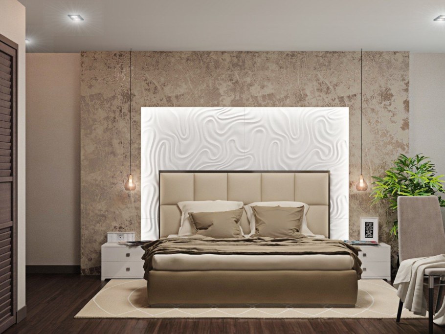 Гипсовые панели в спальне над кроватью