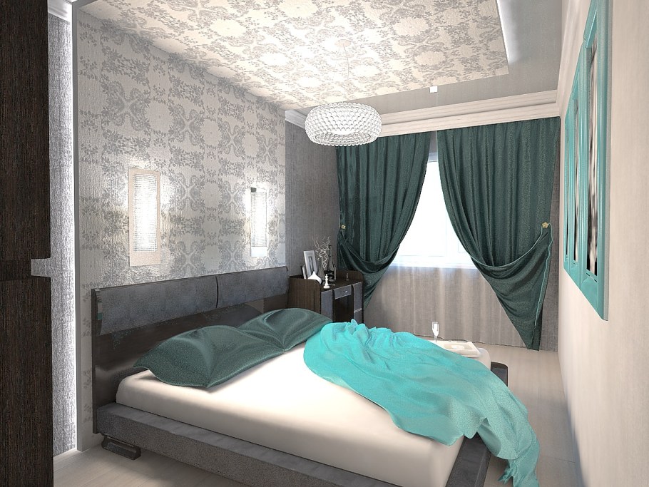 Маленькая спальня в серо бирюзовых тонах