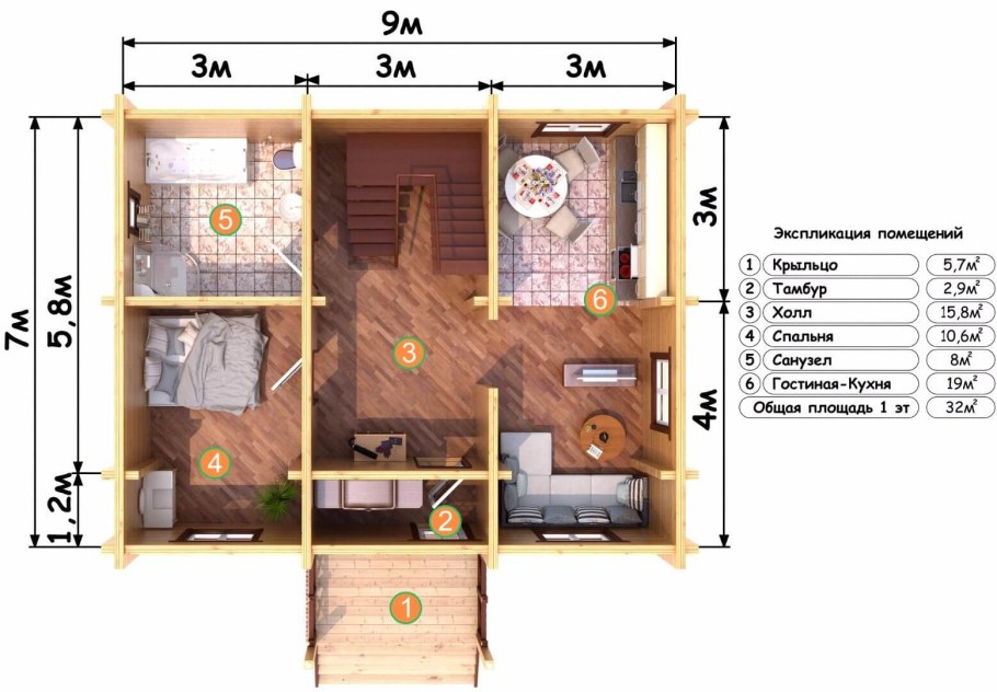 Одноэтажная баня из бруса планировка 6х9
