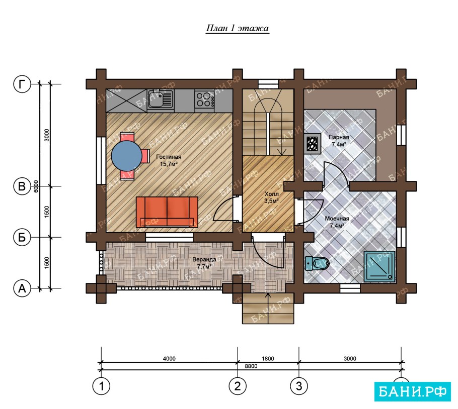 Баня 8х8 Одноэтажная планировка