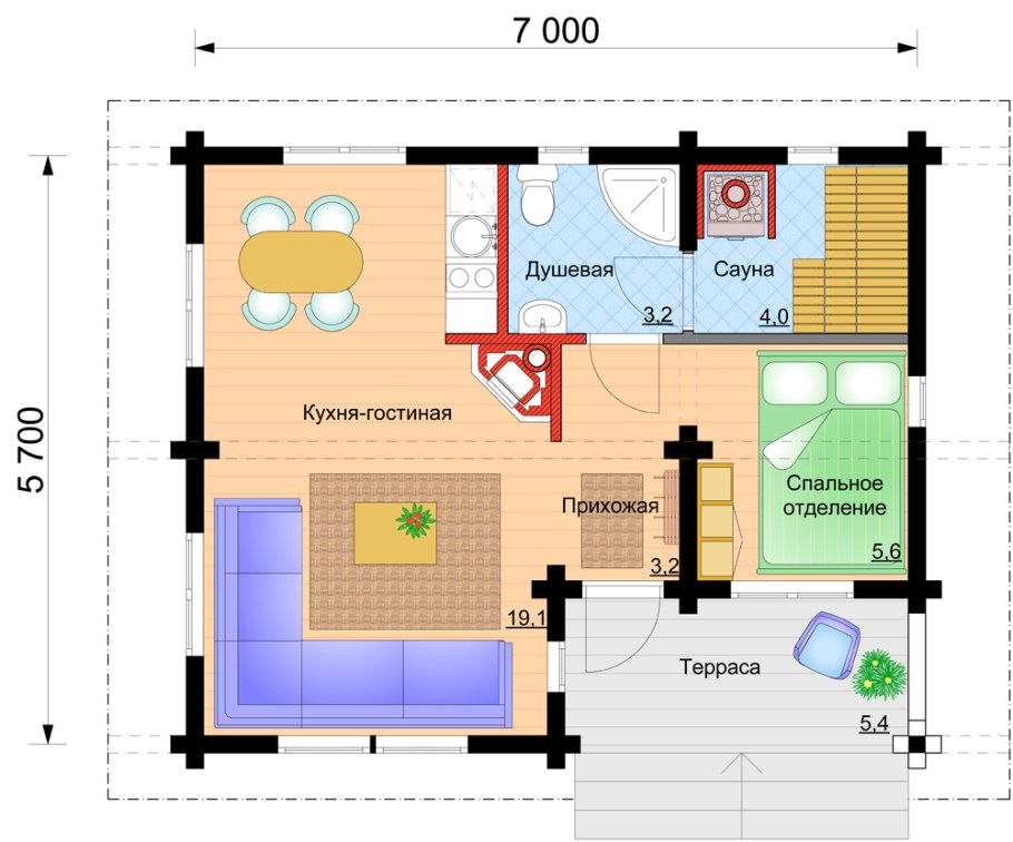 Планировка бани с кухней и комнатой