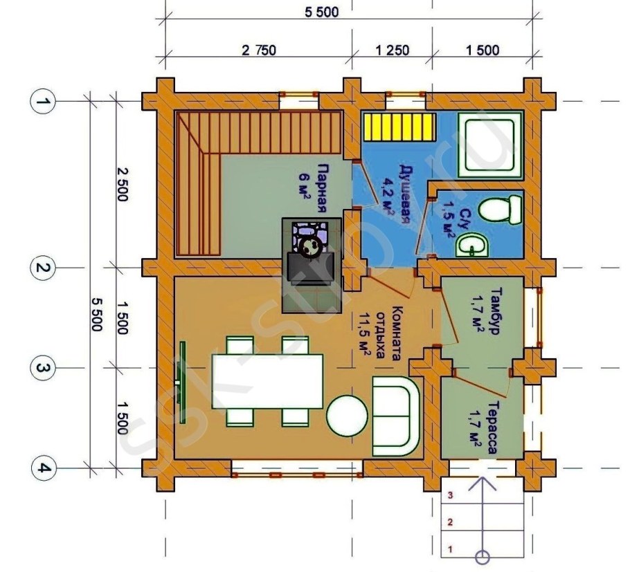 Планировка бани 5х5 Одноэтажная