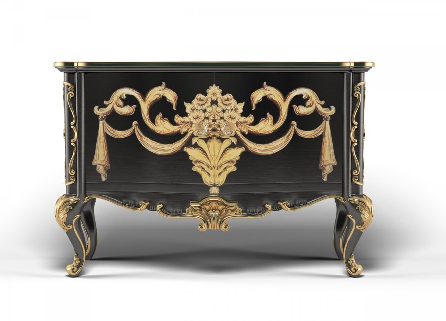 Тумба длинная чёрная Инкрустированная золотом