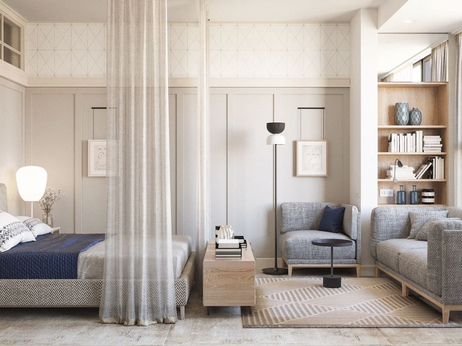 Спальня гостиная зонирование шторой