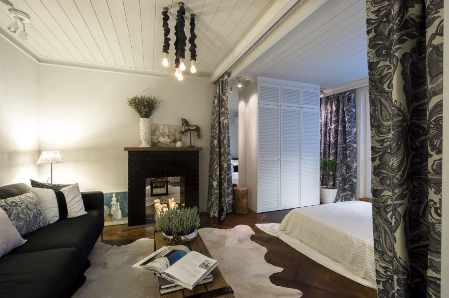 Зонирование спальни и гостиной шторами