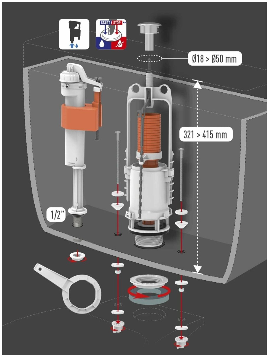 Арматура equation с нижней подводкой воды 1/2", c одинарной кнопкой смыва