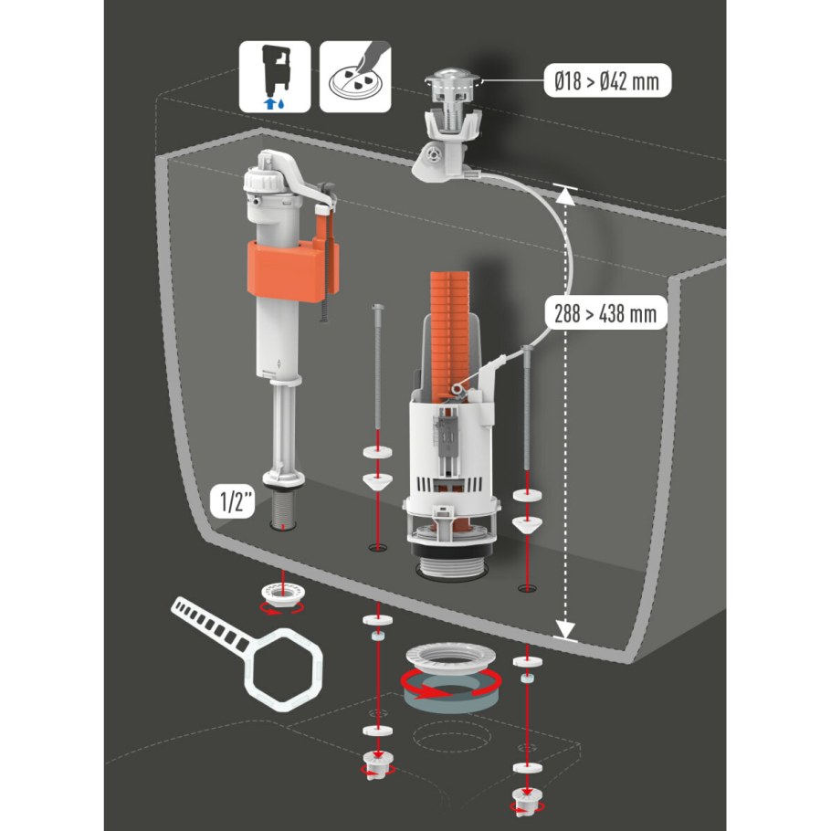 Арматура equation с нижней подводкой воды 1/2", c двойной кнопкой смыва