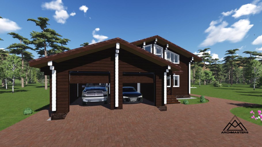 Одноэтажный дом с гаражом и навесом в стиле Шале