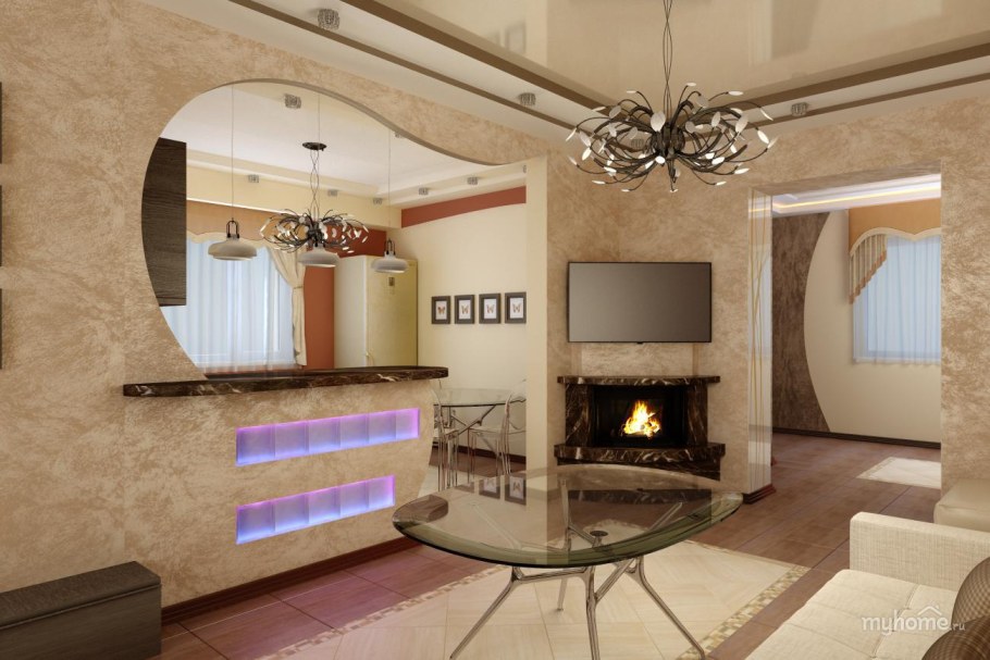 Гостиная с барной стойкой и камином