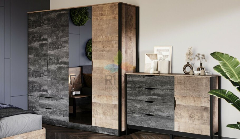 Империал Стокгольм спальня дуб гранж песочный/Железный камень