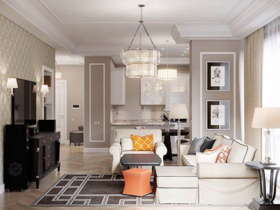 Кухня гостиная арт деко 35 кв м