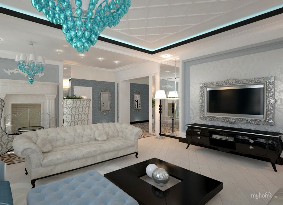 Гостиная в стиле арт деко в светлых тонах с телевизором