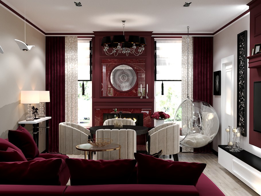 Серо-красная гостиная в классическом стиле