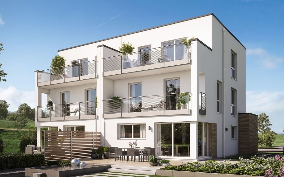 Трехэтажный дом с плоской крышей