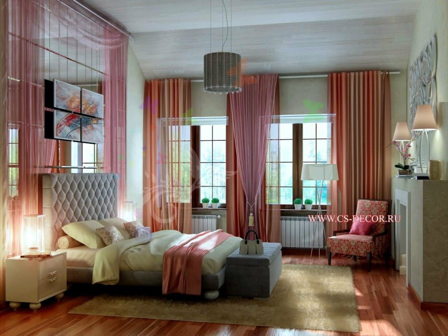 Интерьер спальни с 2 окнами