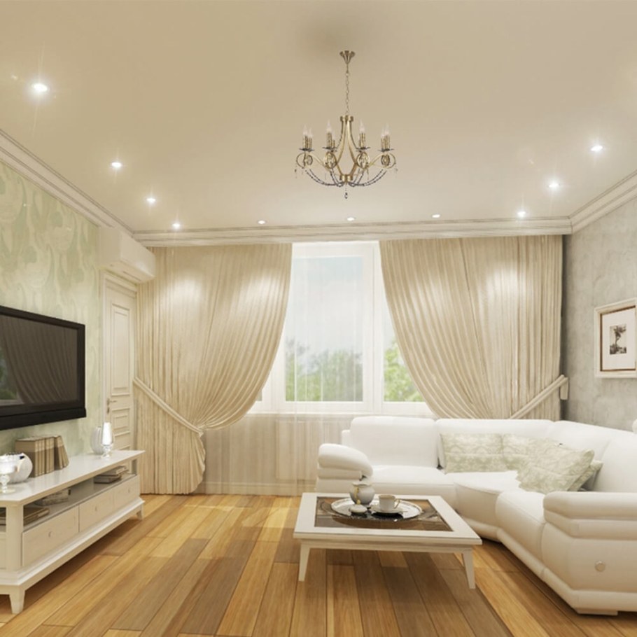 Люстра и точечные светильники в гостиной
