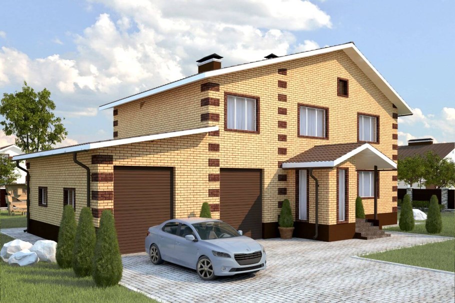 Проект двухэтажного коттеджа с двумя гаражами премиум желтый