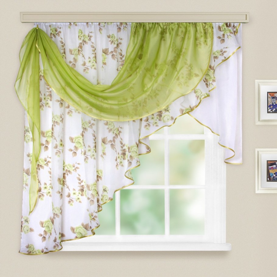 Комплект штор для кухни иллюзия 300х150 см, цв. Зеленый правая, ПЭ 100%