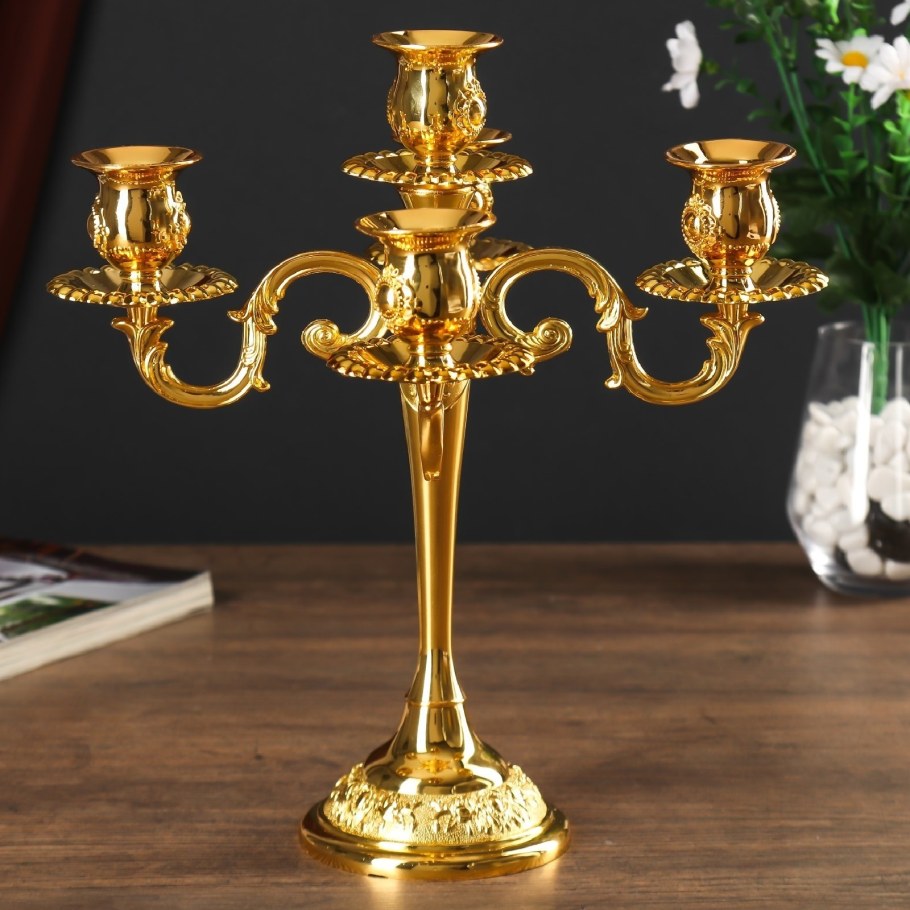 Подсвечник металл на 5 свечей розовый вечер цвет золото 20,5х21х21 см