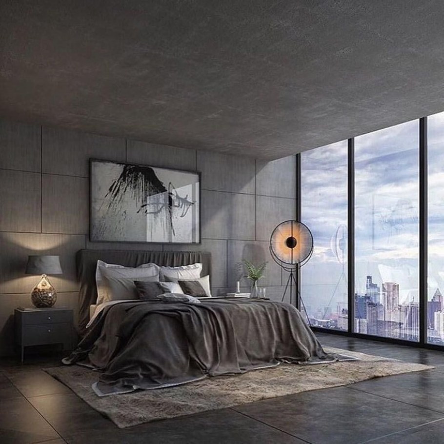 Спальня лофт серый бетон