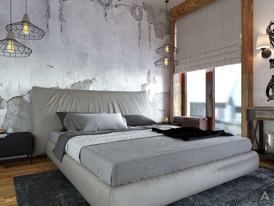 Спальня лофт с бетонными обоями