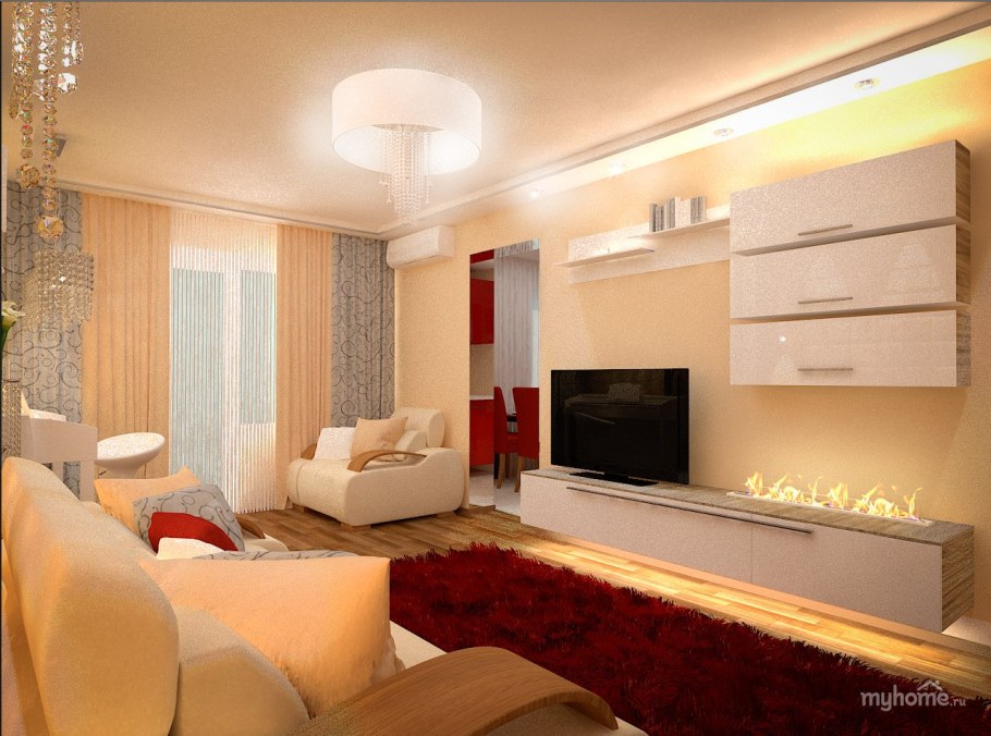 Интерьер зала в теплых тонах