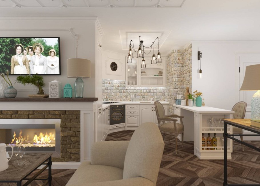 Кухня-гостиная с камином в квартире