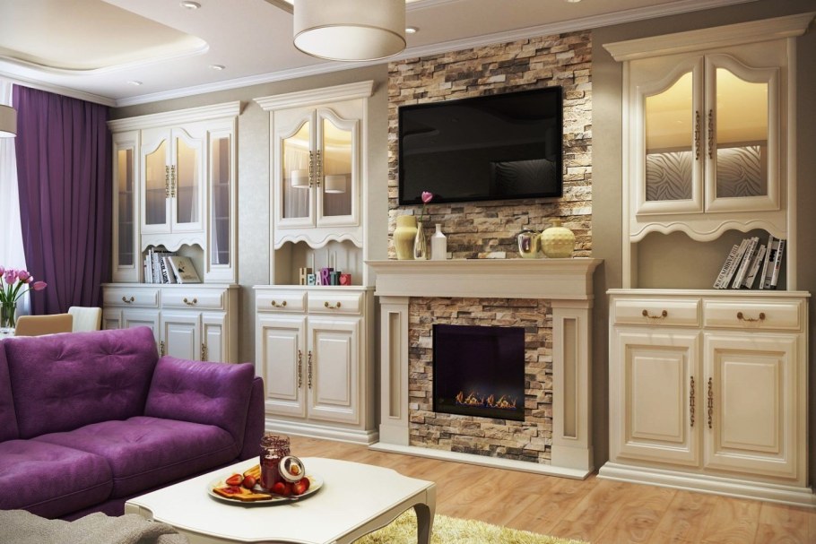 Гостиная с камином и телевизором