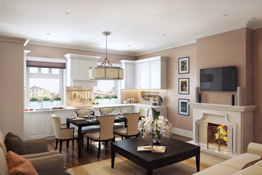 Интерьер кухни гостиной с камином