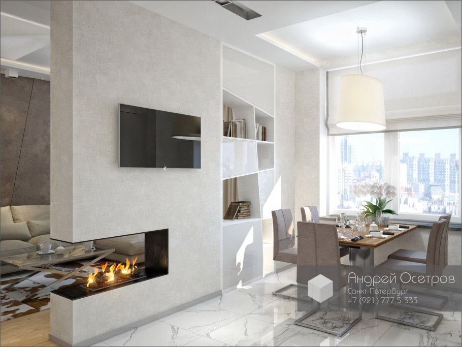 Камин разделяющий кухню и гостиную