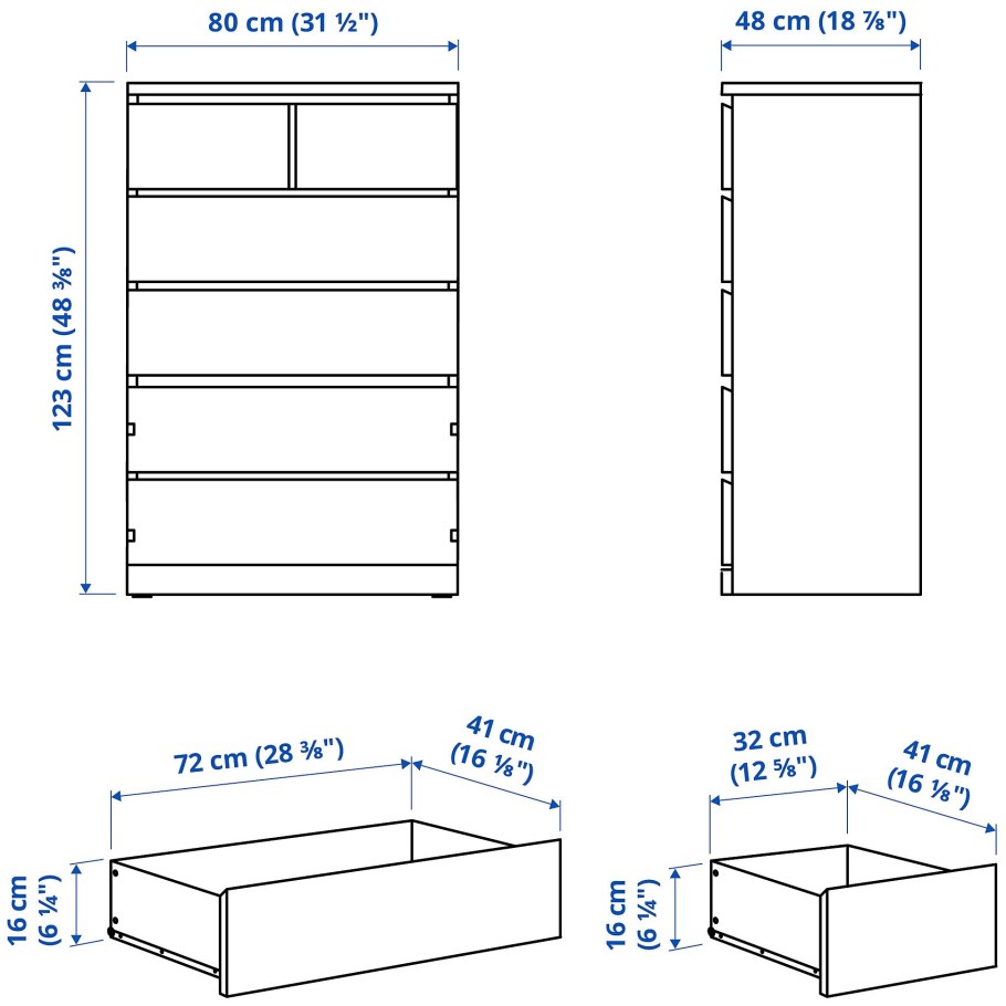 Malm МАЛЬМ комод с 6 ящиками, дубовый шпон, беленый80x123 см
