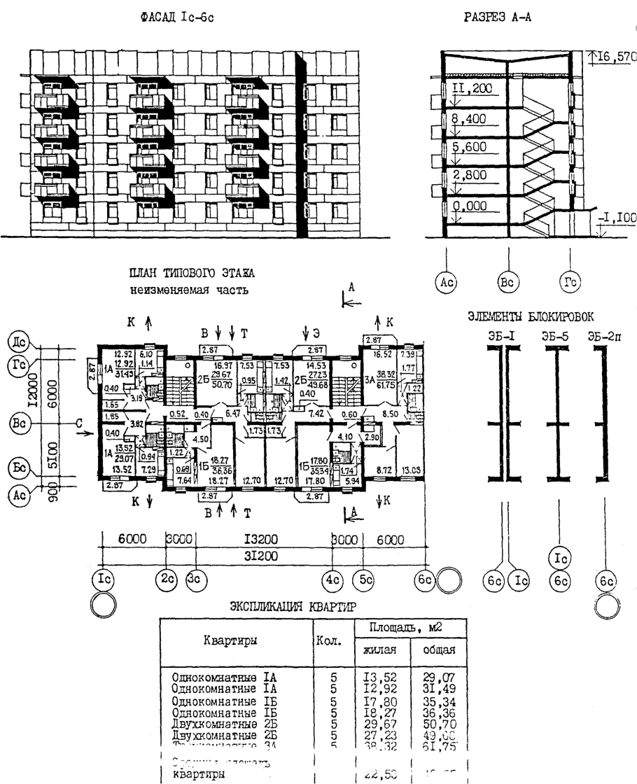 Блок секция 5 этажная 20 квартирная рядовая торцевая