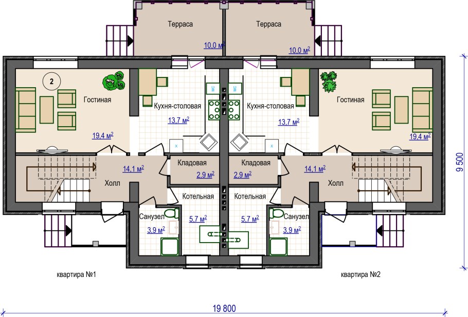 План блокированного дома с гаражом